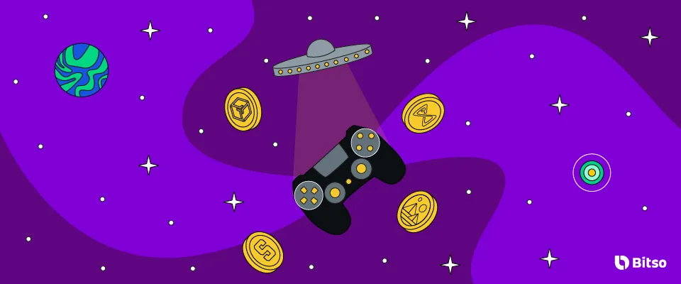 Imagem de controle de game com criptomoedas (gamecoins) ao redor. 