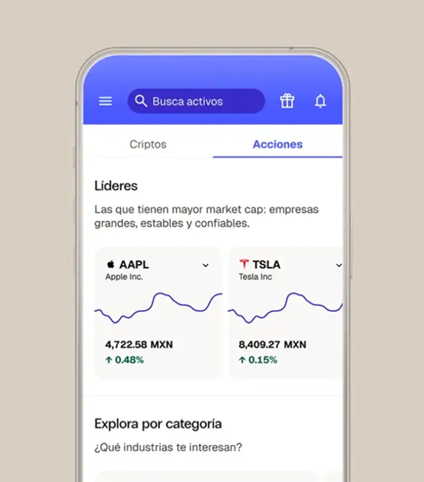 App de Bitso mostrando la pantalla de acciones