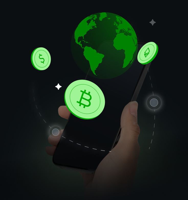 a woman holding a smartphone with a floating globe on top of her hand and cryptocurrencies circling around